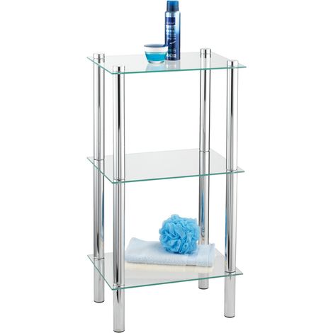 Wenko – Étagère d'angle carré 3 niveaux – Acier inoxydable et verre de sécurité – Montage facile – Dimensions 40 x 74 x 30 cm – Argent brillant (1/4)