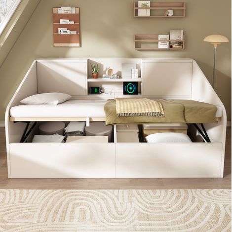 Cama individual de madera blanca 90x190 cm con almacenaje hidráulico, estantes, USB/Type-C y somier de láminas (1/5)