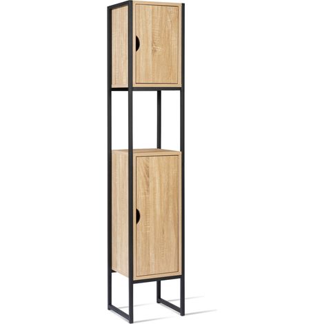 Idmarket – Colonne salle de bain 2 portes – Design industriel bois et métal noir – Compact 30x30x170 cm – Rangement optimisé pour espace réduit (1/5)