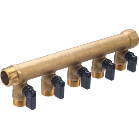 Collecteur mâle-femelle 20x27 à 5 départs avec vannes 15x21, laiton, entraxe 50 mm, eau potable (1/5)