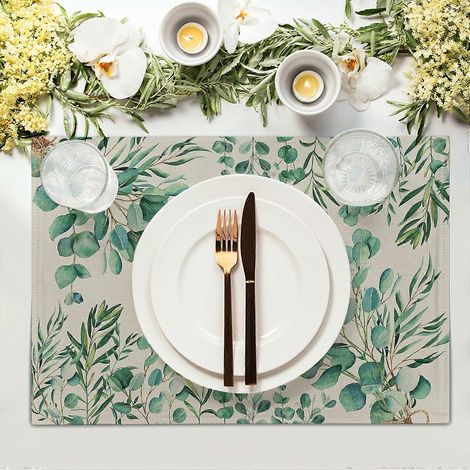 Sets de table printaniers en eucalyptus, lot de 4, 30 x 45 cm, motif papillons et feuilles, style rustique vintage. Sets de table lavables en lin, parfaits pour l'été et les fêtes. (1/4)