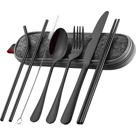 Ensemble de couverts de voyage portables en acier inoxydable 8 pièces avec étui : baguettes, couteau, fourchette, cuillère, pailles et brosse de nettoyage. (1/5)