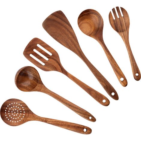 Ensemble de 6 ustensiles de cuisine en teck : spatule, fourchette, pelle, louche et cuillère à égoutter. (1/5)