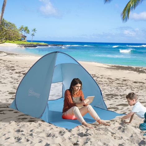 Tienda de Playa para 2-3 Personas Pop-Up con Ventanas tipo Refugio con Protección Solar UV 200x150x119 cm Azul (1/5)