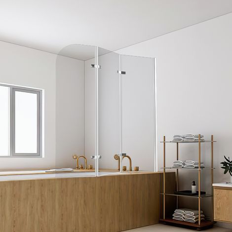 Wolketon Pare-baignoire gain de place 3 panneaux, H.140 x l.120 cm, verre transparent, profilé alu argenté (1/5)