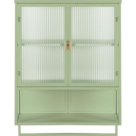 ELVMI Hängeschrank mit 2 Türen, 1 Herausnehmbarem Boden, 1 Offenem Fach und Handtuchhalter für Bad aus Glas und Metall 60×23×78 cm Grün (1/4)
