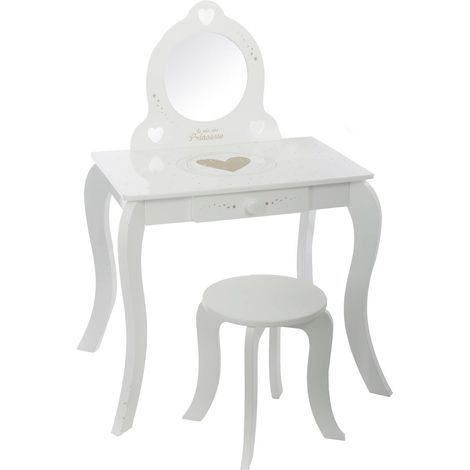 Coiffeuse enfant avec tabouret – Structure MDF – Miroir en verre – Dimensions coiffeuse L. 50,5 x l. 50,5 x H. 92 cm – Tabouret L. 28 x l. 28 x H. 32 cm (1/4)