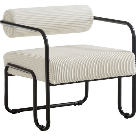 Fauteuil lounge en velours côtelé beige avec dossier cylindrique, structure métal noir, compact pour salon, chambre ou bureau, idéal pour lecture  CHICFURN (1/5)