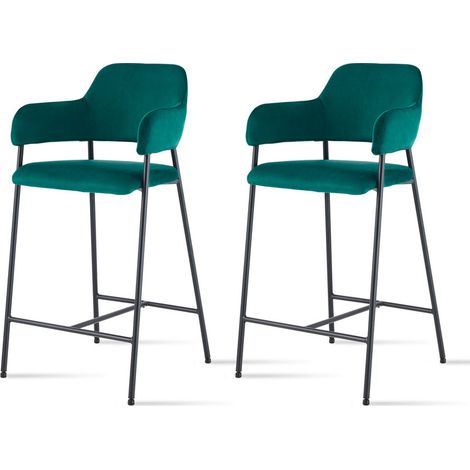 Bar Stools,2x Velvet Breakfast Barstools, Modern Upholstered Chair, Seat High 65cm, Green (1/5)