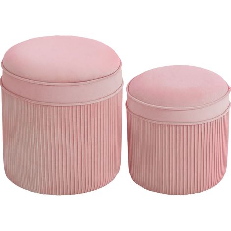 Set 2 Pouf Poggiapiedi Rotondi Impilabili Contenitore da 34.8L Imbottiti con Rivestimento in Velluto Rosa