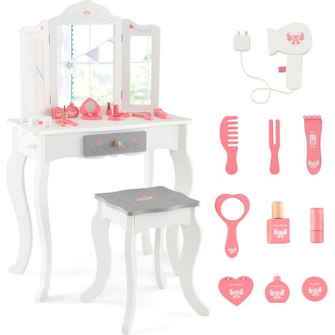 Jeu sécurisé, coiffeuse enfant avec miroir triptyque amovible et fixation murale, blanche dès 3 ans (1/5)