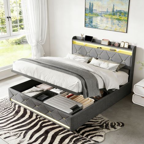 Stauraumbett 140x200 cm aus Leinen, Doppelbett für Erwachsene mit hydraulischem Bettkasten, LED-Kopfteil und Ladestation, Lattenrost - Grau