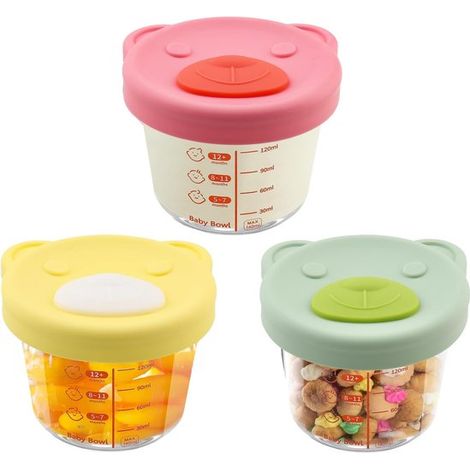 Gefrierbehälter aus Glas für Babybrei, 3-teiliges Set mit Beikostzubehör, 120 ml, auslaufsicher, mikrowellen- und spülmaschinenfest (1/5)
