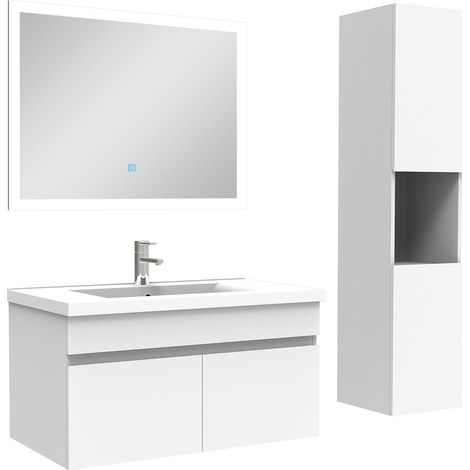 Ocean Ensemble meuble Salle de Bain 80cm avec vasque + colonne + miroir lumineux dimmable blanc