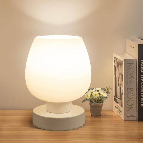 Lampe de chevet tactile - Petite lampe moderne pour chambre, salon ou table de nuit, lampe de bureau avec abat-jour en verre opale blanc, ampoule LED blanc chaud, 3 modes (1/4)