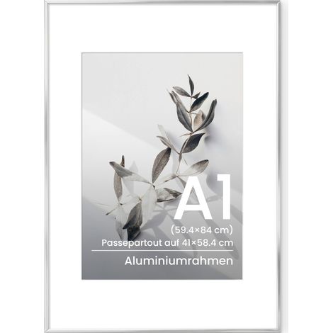 Cadre photo A1, 59,4 x 84 cm en aluminium – Grand cadre pour affiches, photos, œuvres d'art ou certificats – Cadre photo moderne en métal avec verre trempé pour montage mural, Argent (1/5)