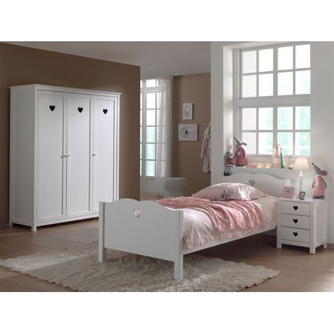 Lit 90x200 - Chevet 3 tiroirs et Armoire 3 portes Vipack Amori - Blanc (1/5)