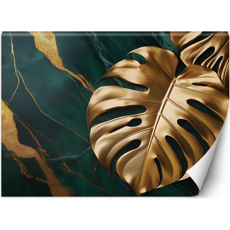 Papier peint monstera feuille d'or sur fond de marbre vert 300x210 (1/5)