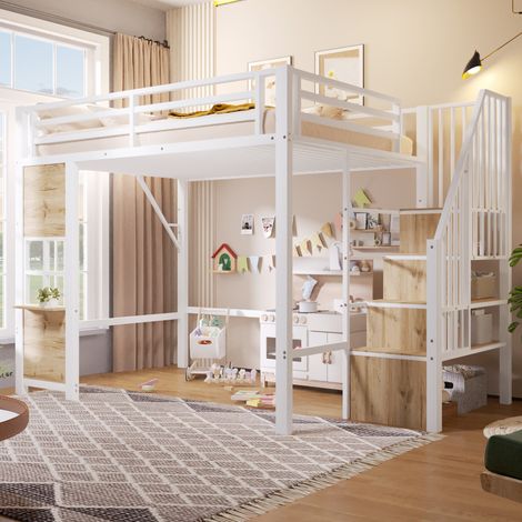 Cama alta infantil (255x153x170 cm), con zona de juego y almacenamiento, escalera con espacio, metal y MDF blanco (1/5)