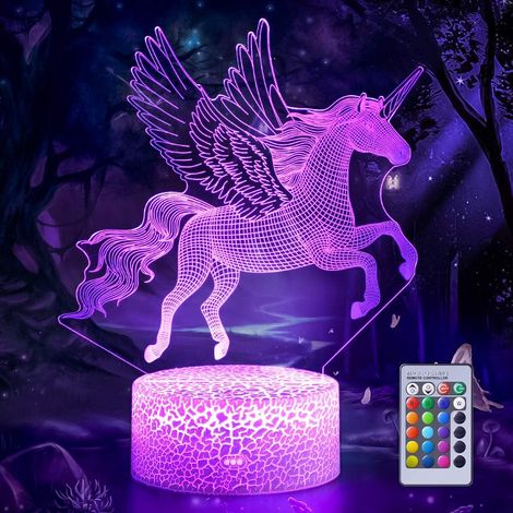 3D-Einhorn-Nachtlicht mit Illusion, 3D-Flugeinhorn-Nachtlicht, Schreibtischlampe mit Fernbedienung, visuelles Licht, 16 wechselnde Farben, ideales Geburtstagsgeschenk, perfekt für Mädchen und Kinderzi