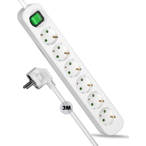 Multiprise 6 prises, rallonge de 3 m, multiprise avec interrupteur, résistante à la chaleur, sécurité enfant, blanc (1/5)