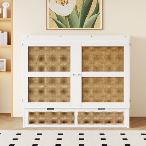 Lit blanc en bois 140x200 cm avec sommier intégré, lit pliant vertical escamotable, tiroirs de rangement, style rotin