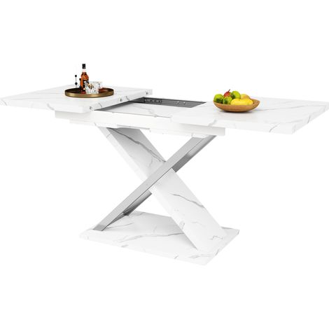 Table à manger extensible 118 à 157 cm effet marbre blanc, plateau MDF, pieds croisés en métal, idéale pour cuisine et salon, 6 à 8 personnes  CHICFURN (1/5)