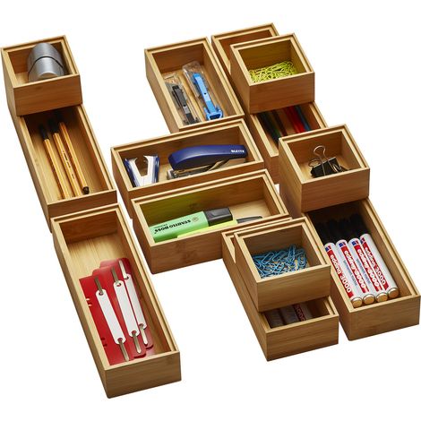 ORGA-BOX BAMBUS Aufbewahrungsbox 12 teiliges Set (geölt, 3 Größen 85/171/257 x 85 x 50 mm) Ordnungssystem stapelbar für Küchenschubladen Badezimmer und Arbeitszimmer