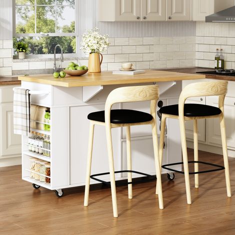 Îlot de cuisine mobile avec plan de travail rabattable, desserte, meuble de rangement, meuble poubelle, buffet avec organiseur coulissant, tiroir, prises et roulettes, 120 × 45 (70) × 84 cm (1/4)