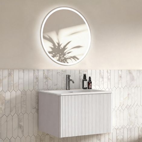 Set mobile bagno sospeso bianco con lavabo 61 cm e specchio LED rotondo 60 cm OKWISH (1/5)