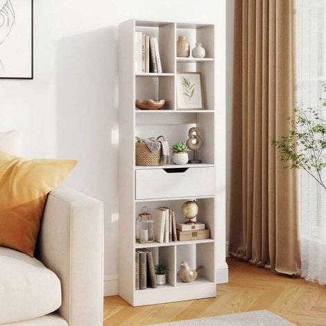 Bibliothèque autoportante haute avec 8 cubes ouverts et tiroir - blanc (1/5)