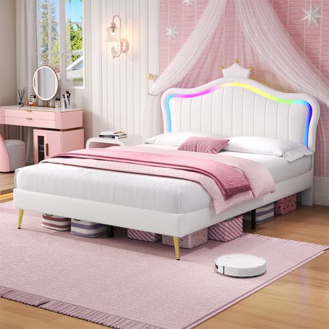 4ft6 Double Upholstered Bed with LED Adjustable Crown Headboard - Cream White PU Leather Bed Frame, Solid Wood Slats, No Box Spring Needed, Easy Assembly (No Mattress)