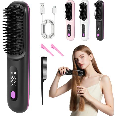 Ceramic Heating Brush, Short Hair Styling Brush, Mini Heated Anti-Burning Smoothing Brush, Short Hair with LCD Display + 3 Temperature Settings (Black) (1/5)