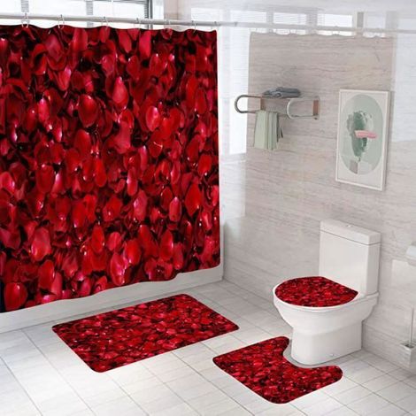 Rideau de douche Set Rose Fleur Tapis de bain Tapis de toilette Couverture de lèvre avec crochet 180x180cm RIDEAU DE DOUCHE (1/5)