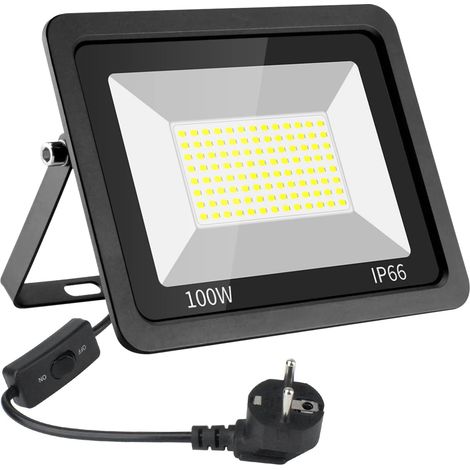 100W Projecteurs LED Extérieur avec bouchon, IP66 Etanche 10000LM Spot LED Extérieur, 6500K Blanc Froid Eclairage de Sécurité pour Jardin Cour Garage Terrasse Patio Grange