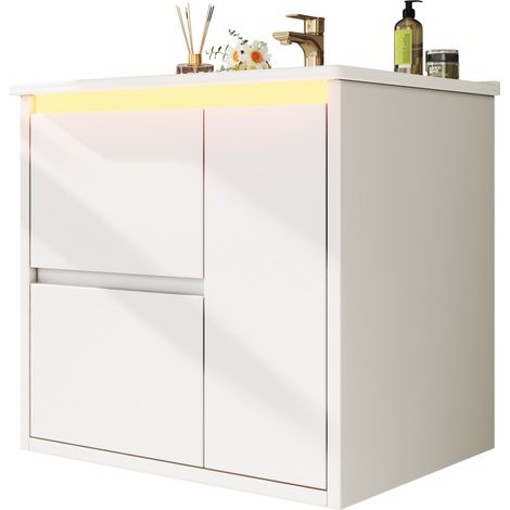 CHICFURN Mobile bagno sospeso 61x46,5x57 cm bianco in MDF, lavabo integrato, LED con sensore (1/5)