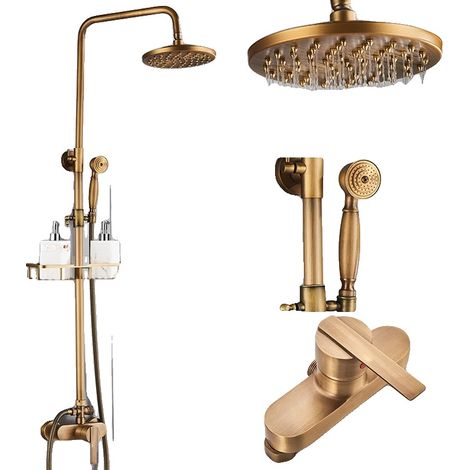 Ensemble de robinet de douche de salle de bain rond de 8", mélangeur mural en laiton antique avec douchette, double poignée, hauteur réglable, ensemble de robinet chaud et froid, FTIE1-J (1/2)