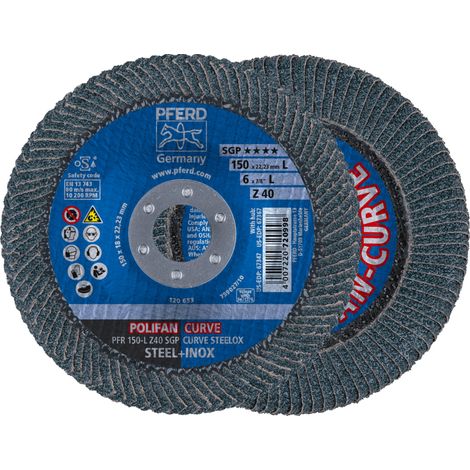 PFERD TOOLS POLIFAN CURVE Fächerscheibe PFR 150x22,23 mm Breite L Z40 SGP STEELOX für Stahl/Edelstahl 10 Stk