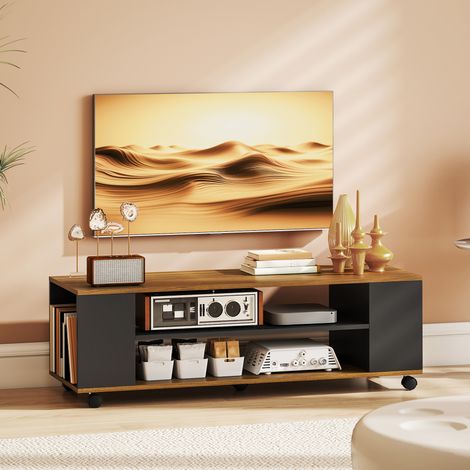 Wandmontiertes oder freistehendes TV-Möbel mit Rollen, 4 Ablagen für 55-Zoll-Fernseher, 120 x 40 x 38,5 cm, Walnuss und Schwarz