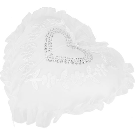 Coussin d'alliances romantique en forme de cœur blanc, décoration pour mariage (1/5)