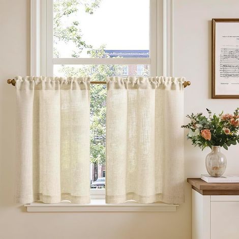 Rideau Cuisine Petit Rideaux Court Moderne, 65 x 90(LxH) cm Lot de 2 à Passe Tringle Beige, Brise Bise pour Fenêtre Placard Chambre Porte sous Evier (1/5)