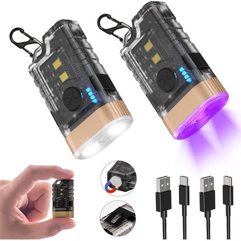 Lot de 2 mini-lampes de poche LED puissantes (EDC) – Lumière noire UV 365 nm – Haute luminosité – Rechargeable USB-C – Format porte-clés Clip (1/5)