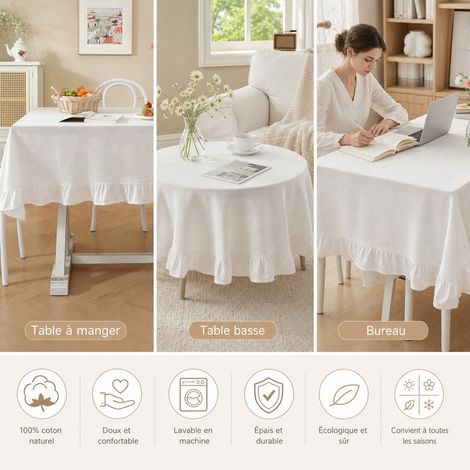 Nappe Blanche Volants en Pur Coton Lave 140 x 140 cm Style Campagne Francaise, Bordure Brodee, Lavable en Machine pour Table de Fete et Mariage (1/4)