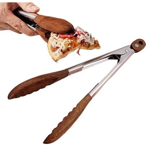 2 pinces cuisine verrouillables, bois et acier inoxydable, 30 cm, résistantes chaleur, polyvalentes salade barbecue préparation (1/3)