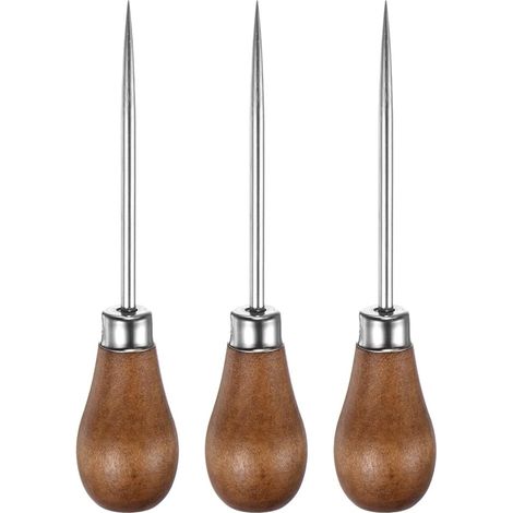 Set de 3 aiguilles à coudre à la main avec manche en bois pour poinçonnage en cuir, marquage, perçage, réparation et bricolage à la main, couleur bois (1/5)
