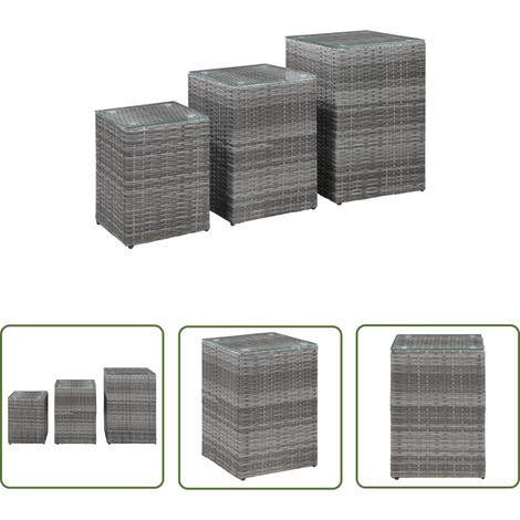 The Living Store Tables d'appoint 3 pcs et dessus en verre Gris Résine tressée - Table Basse - Table D'appoint - Meuble Salon - Décoration Intérieure - Ensemble De Tables (1/5)