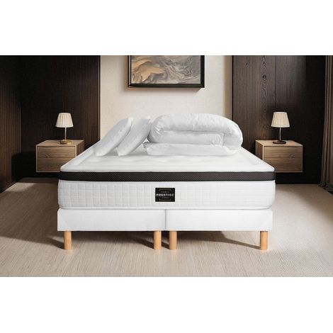 Ensemble matelas sommier Privilège 180 x 200 cm - Couleur : Blanc avec 2 oreillers et couette (1/5)