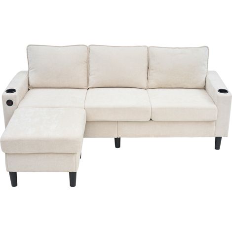 Canapé d'angle 3 places beige avec ports USB et Type-C, 2 porte-gobelets et rangement latéral (1/5)