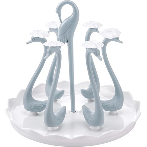Porte-gobelet cygne avec bac d'égouttage rotatif, support/égouttoir rotatif en plastique pour la cuisine, bleu, 6 têtes (1/5)