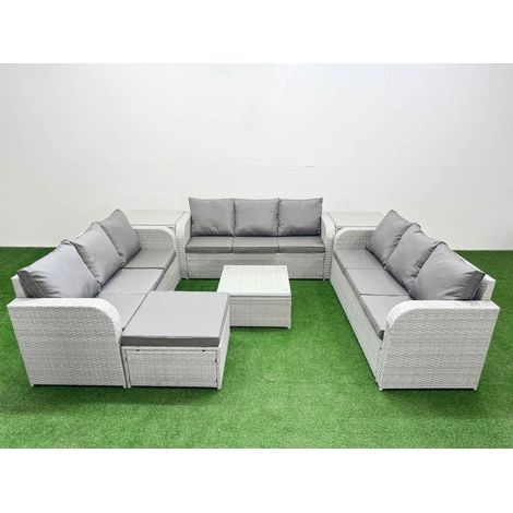 Fimous PE Rattan Lounge Sofa Set 10 Seater Outdoor Garden Furniture Set with Square Coffee Table 3 Seater Sofa Big Footstool 2 Side Table Light Grey (1/4)